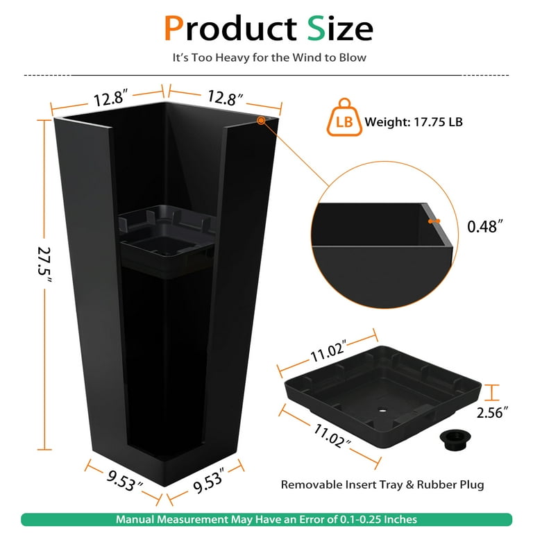 Vucunty Tall Planter Outdoor Indoor, Large Resin Plant Pots for Trees  Flowers (Black, 28 inch - 2 Pack)