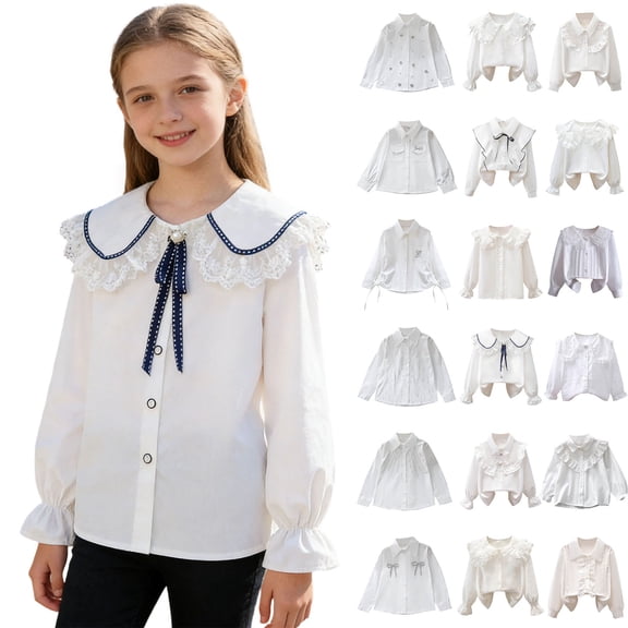 Purcolt Girls Ruffle Button Down Shirts Dressy Cute Babydoll Lapel Collared Long Sleeve Blouse Loose Fit School Uniform Tops for Wedding Vacation Party