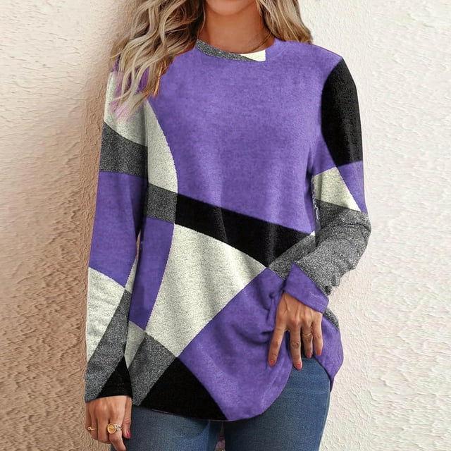 Liquidation à Moins de 5! Sevevn T-shirt Décontracté Imprimé à Manches Longues pour Femmes, Col Rond, Cadeau pour Adultes, Violet P