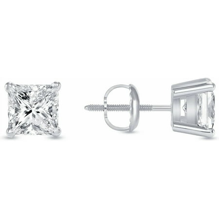 1 Ct Princess Cut Natural Diamond Stud Earrings | 925 Sterling Silver| Screw Back Solitaire