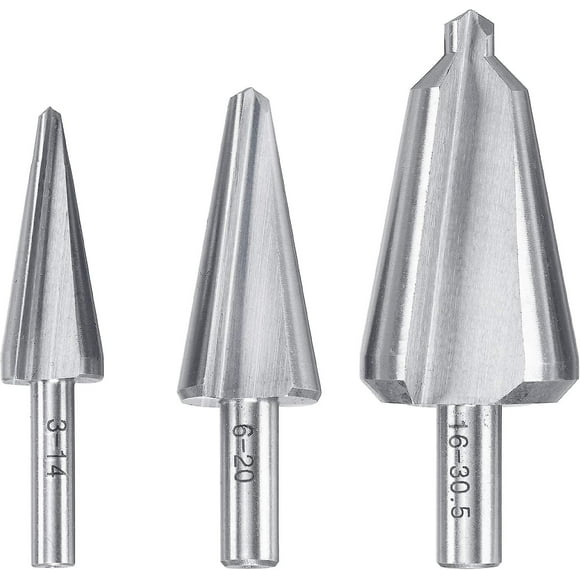 A set of 3 HSS sheet metal drill bits for stainless steel and stainless steel