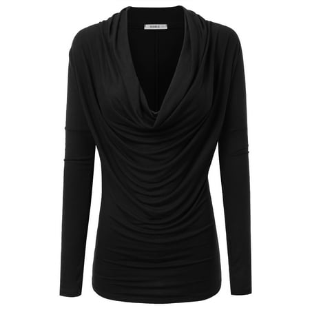 Silk Cowl Neck - Doublju Womens Cowl Neck Long Sleeve Blouse Top With Plus Size BLACK S
