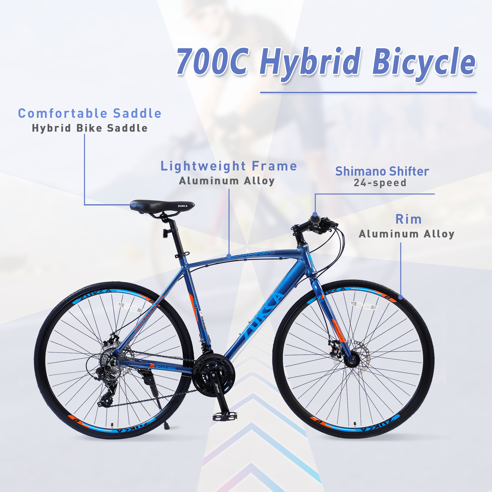 Zukka Road Bike 700C 24 Speed Aluminum Alloy Frame Bicycle for Unisex Adult Deep Blue Hybrid Bike - image 3 of 7