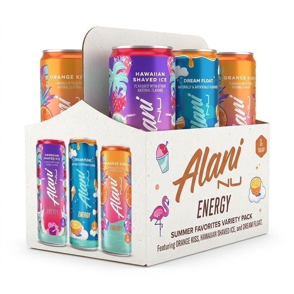 New Alani Energy Drinks Hawaiian shaved ice, Dream Float, Orange kiss - Limited Edition Flavors - Variety Pack, Sugar-Free, Low-Calorie, 200mg Caffeine, Energy Boost Drink 12 fl oz (Pack of 6)