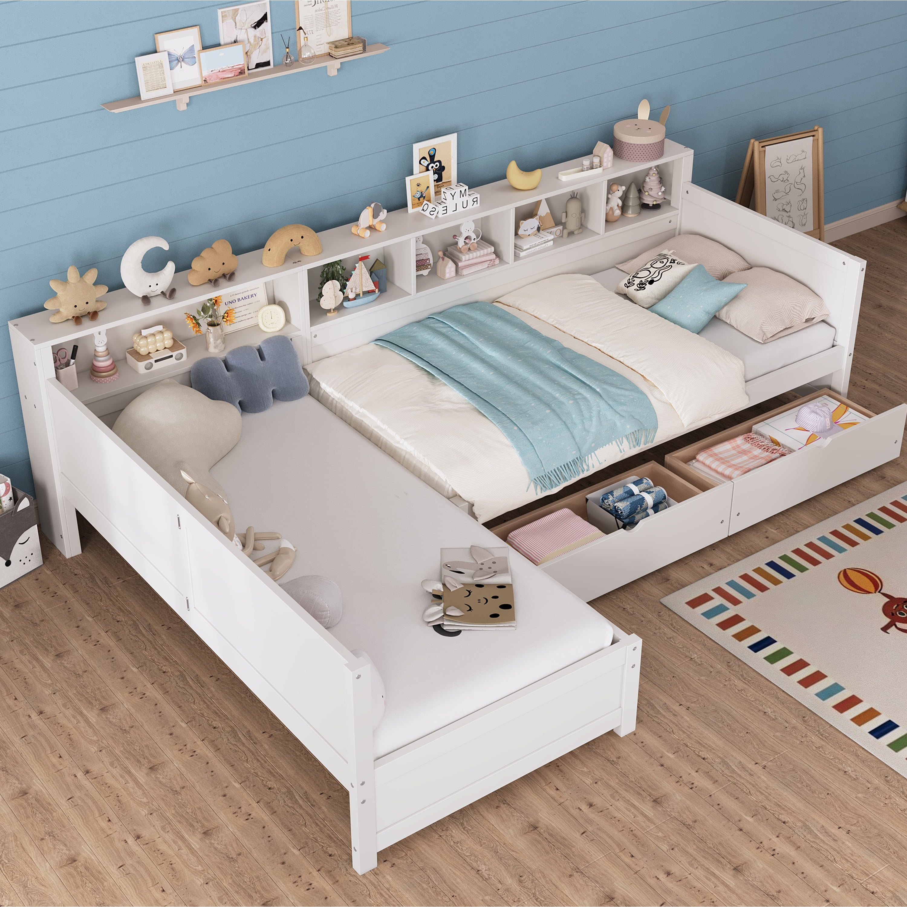 Yoneston L-Shaped Twin Daybed with Storage Side Bookcase and 3 Drawers, Corner Bed Frame with Storage Shelves for Kids Teens Bedroom Playroom Guest Room, White