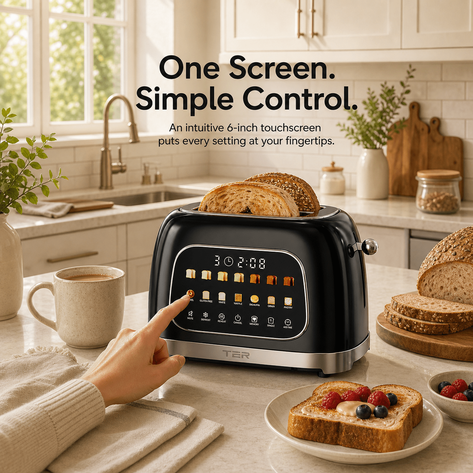 TER Smart 2-Slice Toaster with Touchscreen & Countdown Timer, 7 Bread Modes & 7 Browning Levels, Extra-Wide Slots for Bagels, Mute Mode, Modern Design