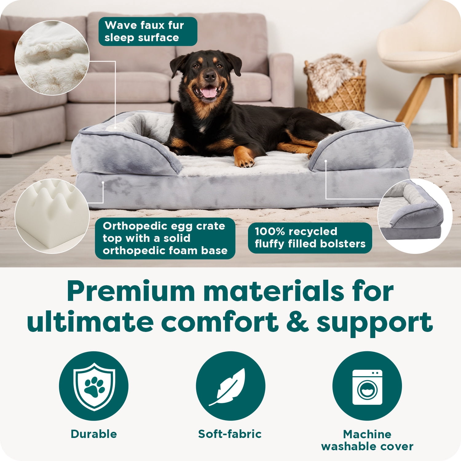 FurHaven Orthopedic Dog Bed for Large Dogs-Perfect Comfort Sofa, Egg Crate with a Solid Orthopedic Foam Base for Joint Support, Washable Cover, Jumbo XL, Plush & Velvet, Granite Gray