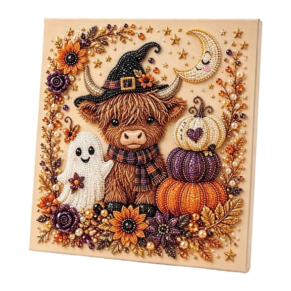 Fall Highland Cow Ghost Diamond Painting Kit, Special Shape Rhinestone Canvas Art with Pumpkins Moon Sunflower, DIY Mosaic Craft for Autumn Halloween Wall Home Decor 20x20x1.5cm