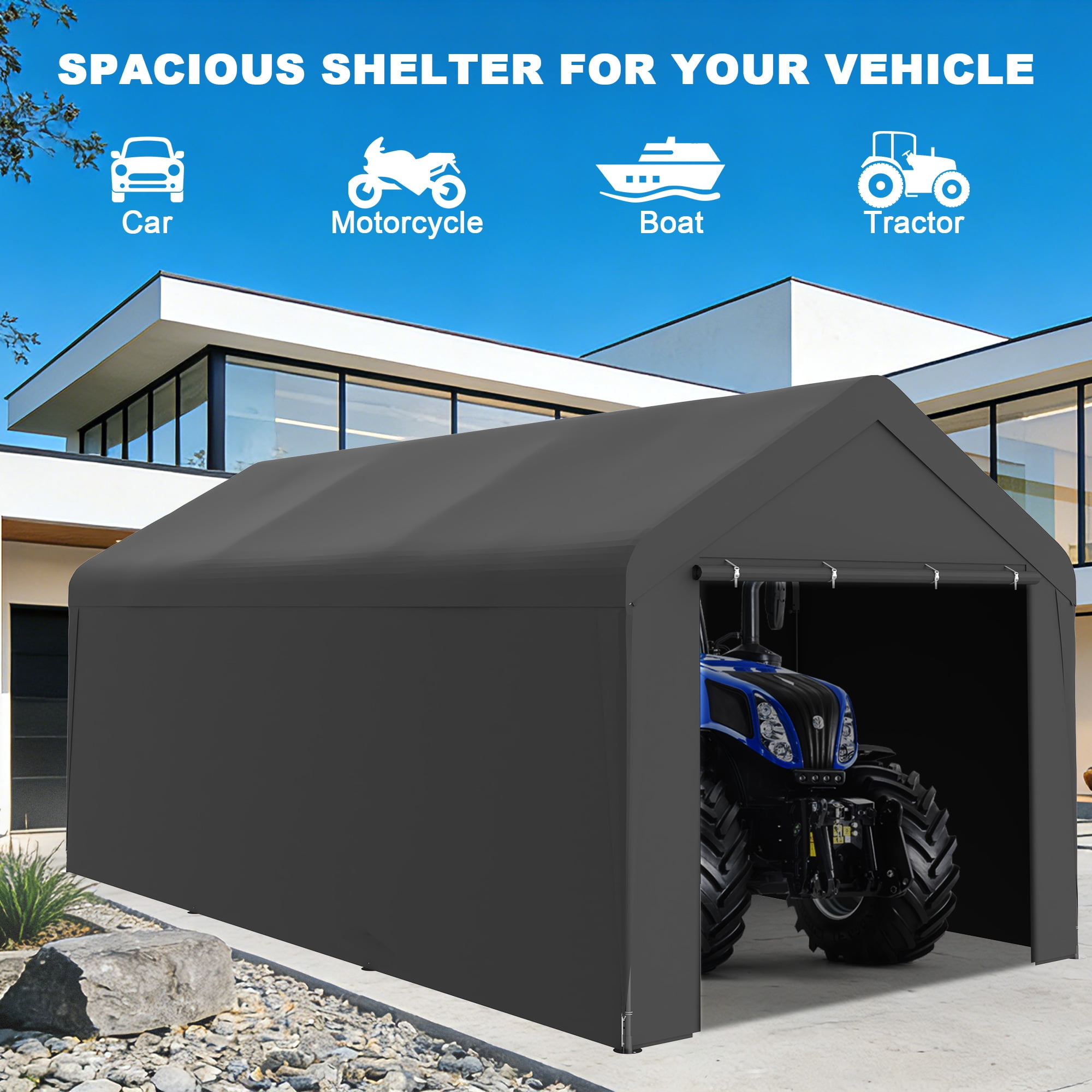 Outdoor Carport 10' x 20' Portable Garage Car Shelter Shade with Removable Sidewalls & Doors, Carport Canopy with Powder-Coated Steel Frame for Outdoor Party, Birthday