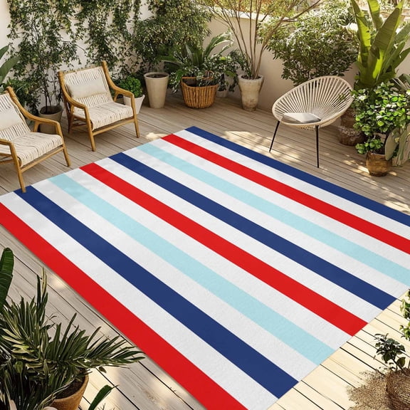 4th of July Stripes Outdoor Area Rug 4x6ft Decorative Indoor Outdoor Rug Blue Red Patio Area Rug for Porch, Deck, Balcony, Entryway, Camping & RV