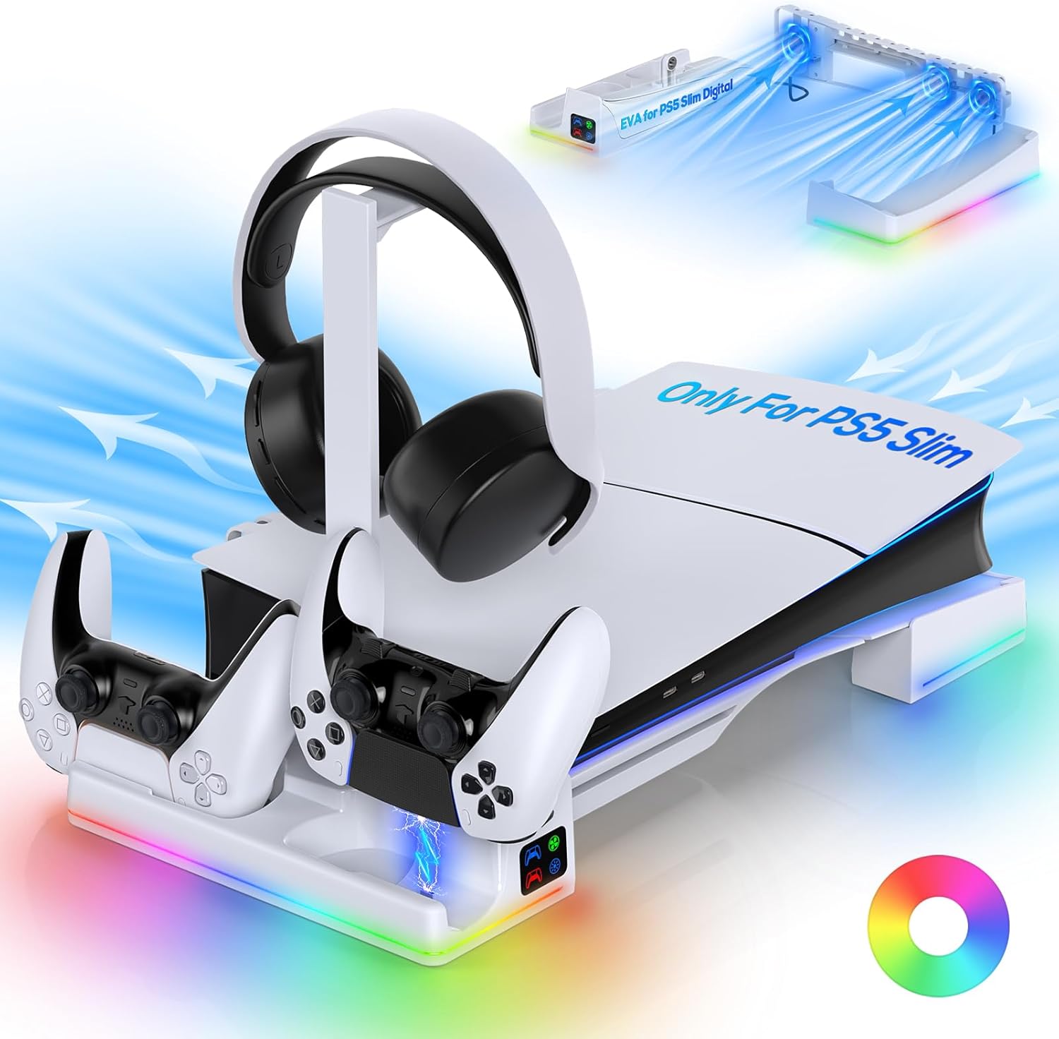 RGB Horizontal Charging Stand & Auto Cooling Fan Station for PS5 Slim Digital & Disc/PS5 PRO Digital, Dual Charger for PlayStation 5/Elite Controllers, Accessories &14 RGB Light Modes & Headset Holder