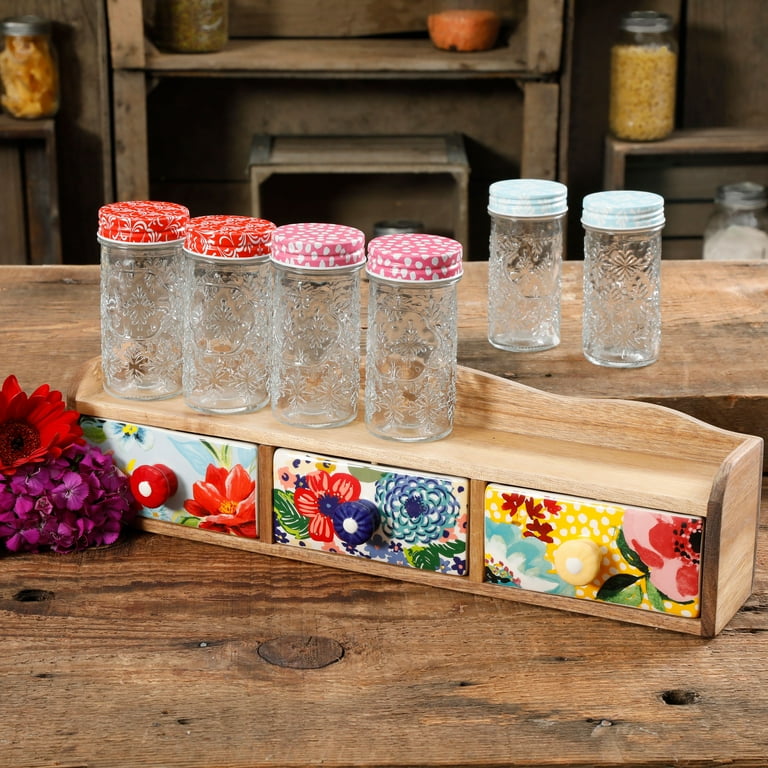 Set of 3 vintage ceramic and wood spice jars