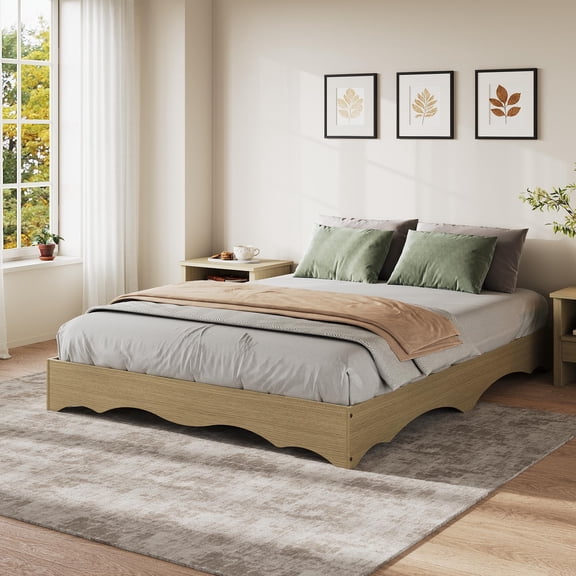 Full Wood Bed Frame, Low Bed Frame with Wave Edge, Wooden Bed Frame No Headboard, Noise-Free Design, No Box Spring Needed, Easy Assembly