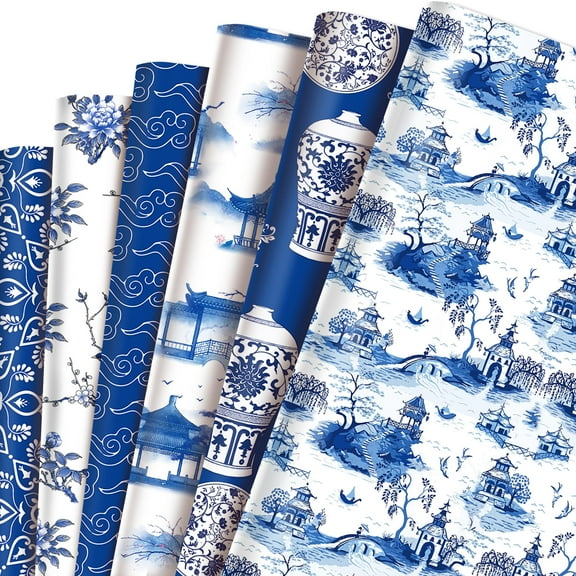 12 Sheets Blue Wrapping Paper 68.58*50.8cm Vintage Floral Elements Gift Wrap Paper Bulk Oriental Art Paper for Birthday Christmas Day Wedding Party Craft Deco - 6 Designs