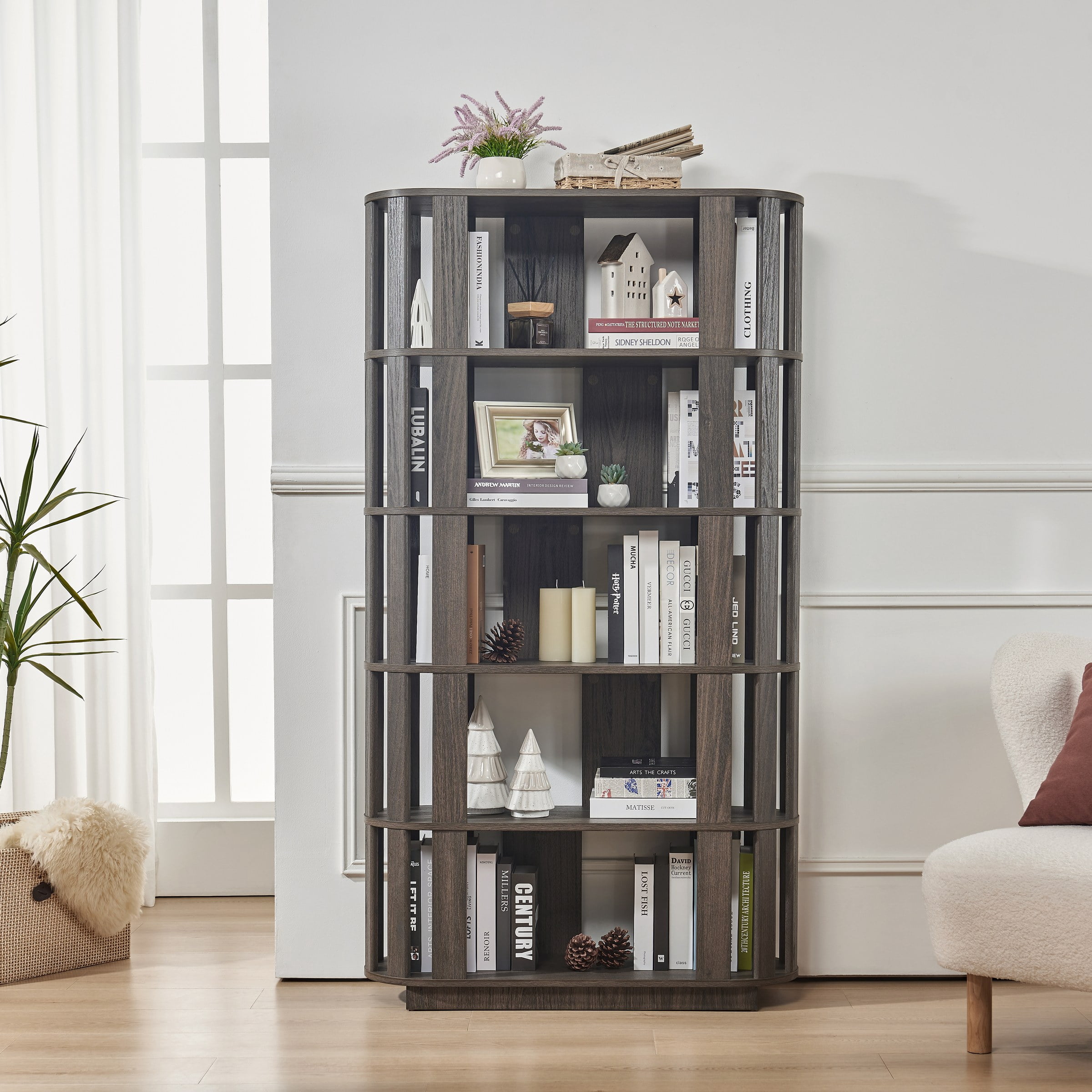 Wooden Oval Open Bookshelf, MDF Grid Frame Freestanding Bookcase, 5-Tier Easy Assembly Storage Display Rack for Living Room Home Office Decor, DIY Free Combination Storage Cabinet Study Room