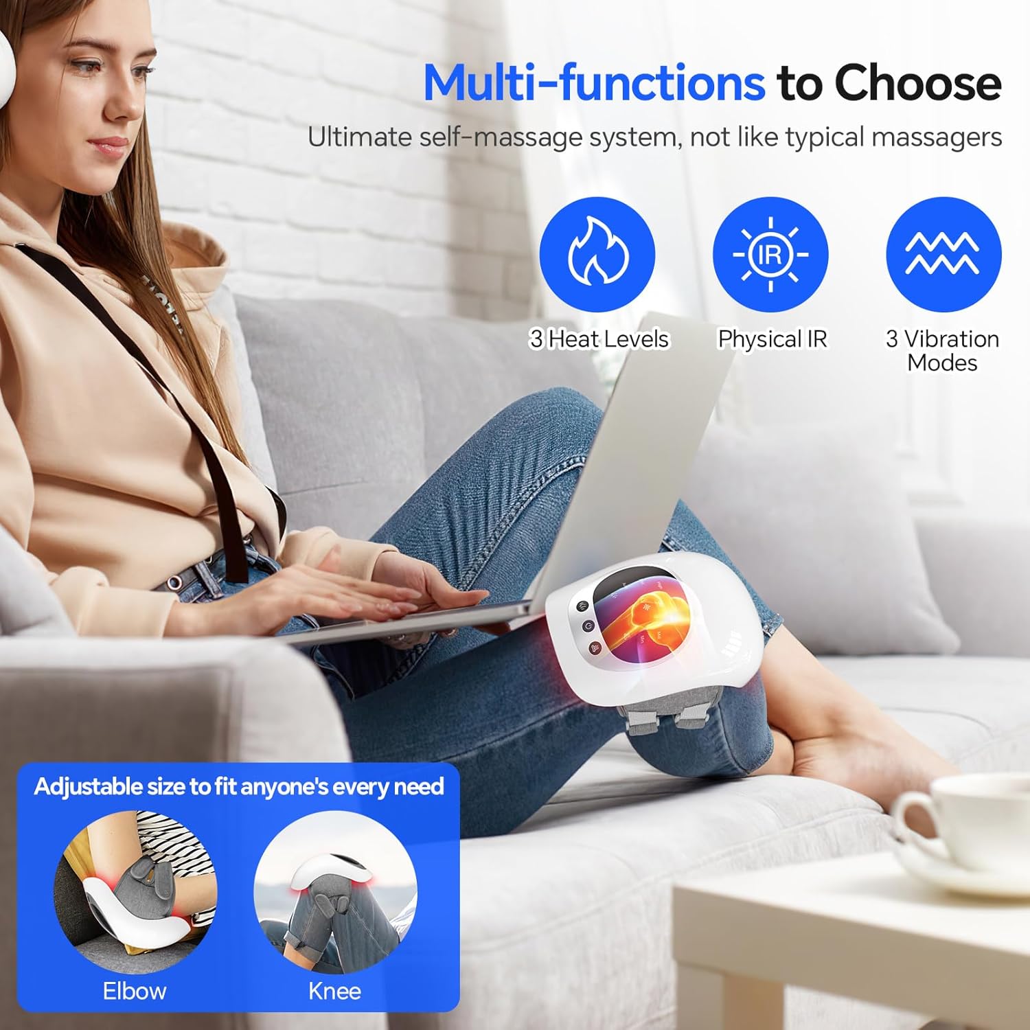 Knee Massager with Heat and red Light,Adjustable Temperature Large LED Screen Portable Massager -Wearable to 48CM, USB-C Charging Cable