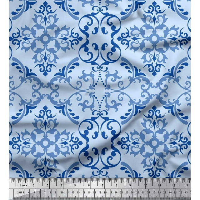 Soimoi Blue Cotton Duck Fabric Vector Design Damask Printed Fabric 1 Yard 58 Inch Wide
