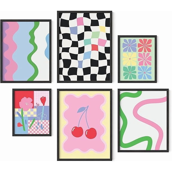 HAUS AND HUES Framed Danish Pastel Room Decor Aesthetic - Set of 6 Colorful Wall Art, Danish Pastel Wall Art, Trendy Pastel Room Decor for Teens, Framed Art Floral, Pink Abstract (Framed Black)