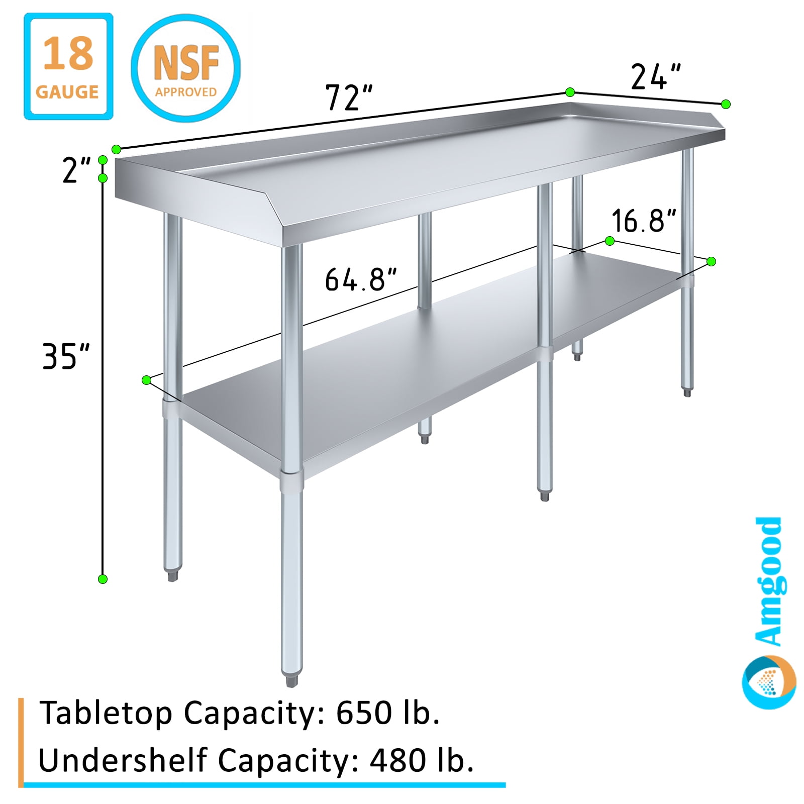 AmGood 72" Long x 24" Deep Commercial Work Table with Backsplash and Sidesplashes | Stainless Steel Prep Table for Kitchen, Restaurant, Garage, Laundry | NSF