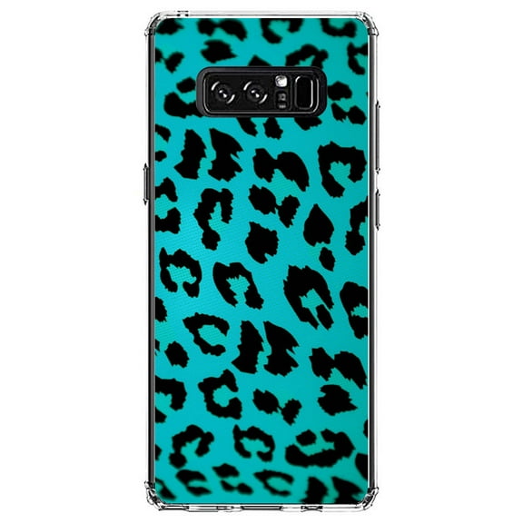 DistinctInk Clear Shockproof Hybrid Case for Samsung Galaxy Note 8 - TPU Bumper, Acrylic Back, Tempered Glass Screen Protector - Teal Black Leopard Skin Spots