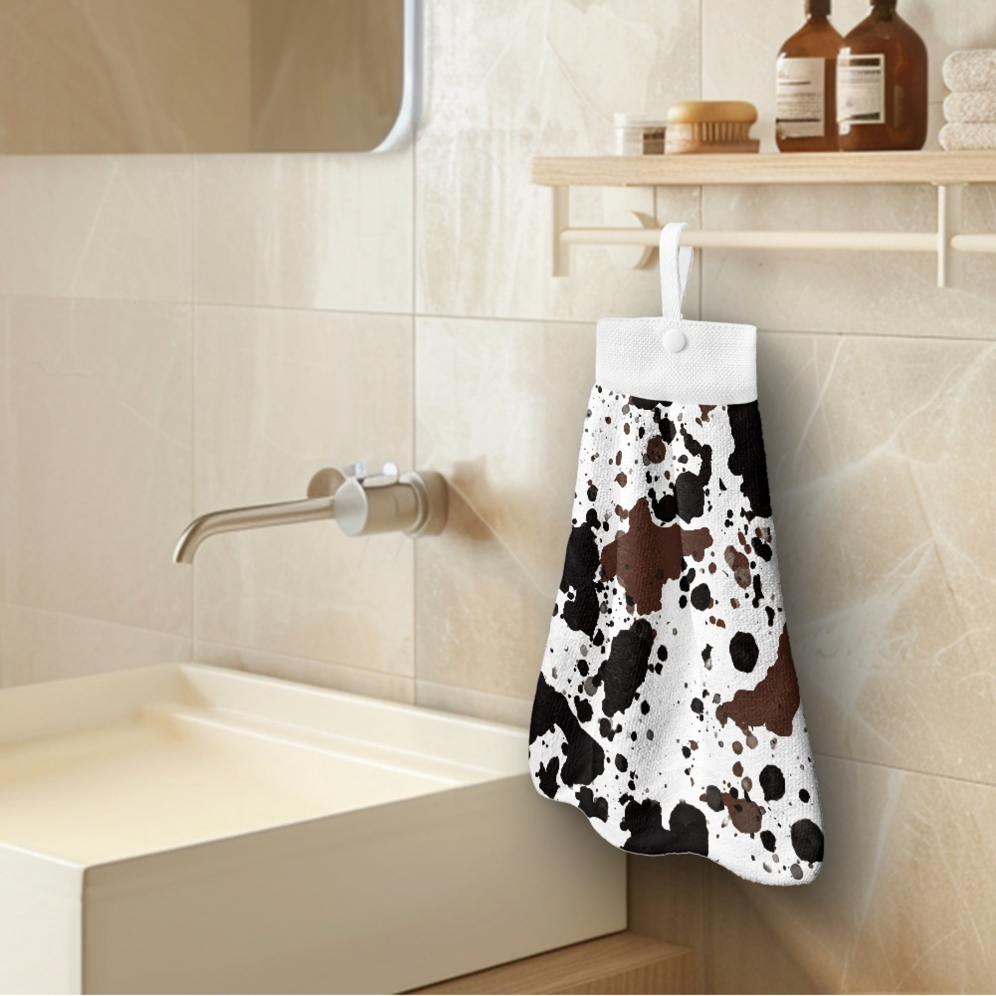 SEANATIVE Cow Print Hand Towels with Button Loop Highly Absorbent Hanging Hand Towels for Wiping Hands 2 PCS Quick Dry Hand Towels for Bathroom Kitchen Tie Towel Home Decor