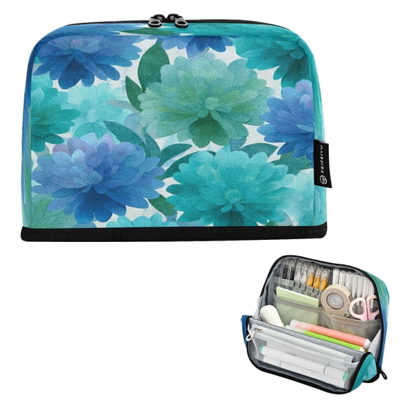 Pencil Bag with Magnetic Foldable Base Large Capacity Stand-Up Pencil Case Durable Nylon Pen Pouch Blue-green Flowers