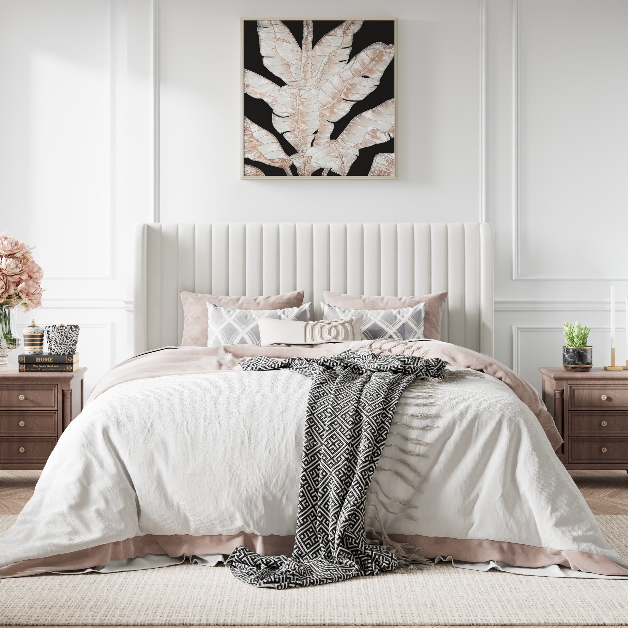 Amolife King Size Upholstered Bed Frame with Wingback Headboard, OffWhite Velvet Vertical Stripe  (图3)