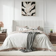 Amolife Queen Size Velvet Upholstered Bed with Wingback Headboard, Off-white