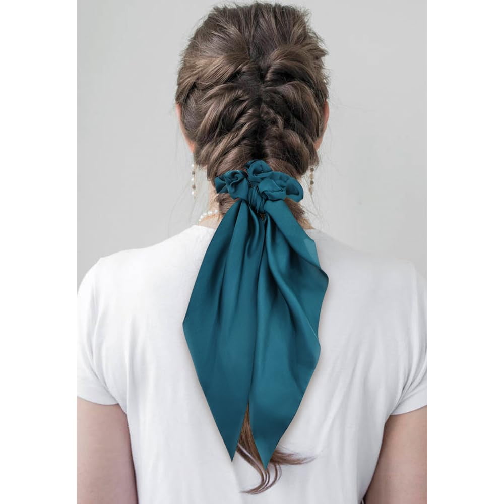 12 Pieces Solid Silky Satin Chiffon Hair Ties with Long Ribbon Bow Tail Hair Scrunchies Ponytail Holders Rubber Bands Accessories for Women Girls Teens