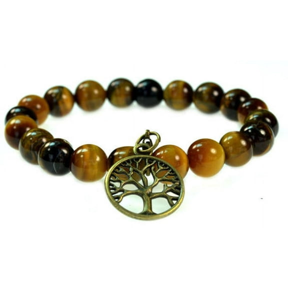 10mm Round Tiger Eye Gemstone Stretch Bracelet with Tree of Life Charm