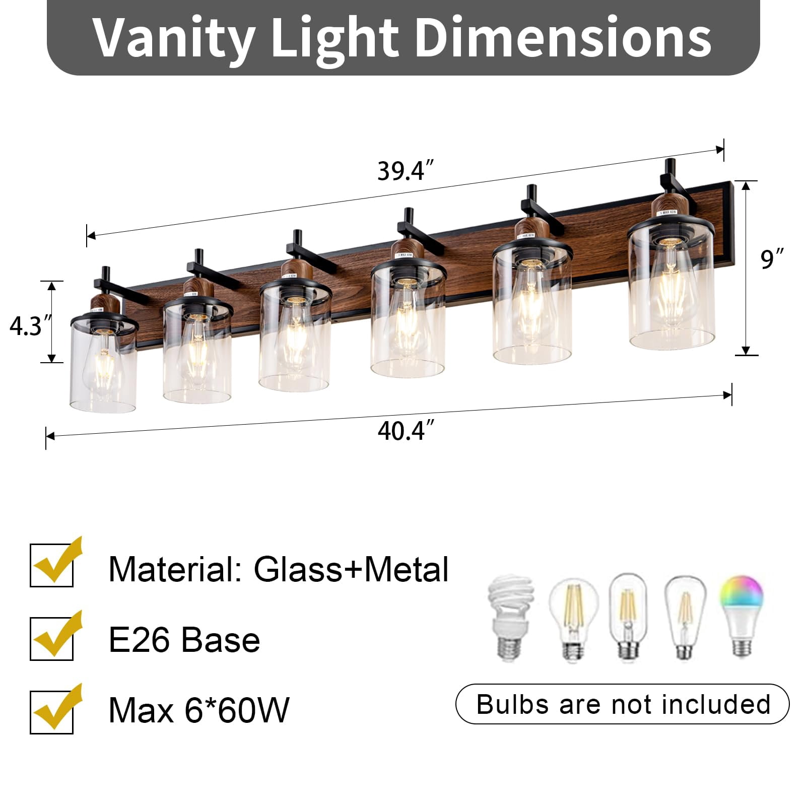 6-Light Black and Wood-painted Vanity Light Farmhouse Bathroom Fixture