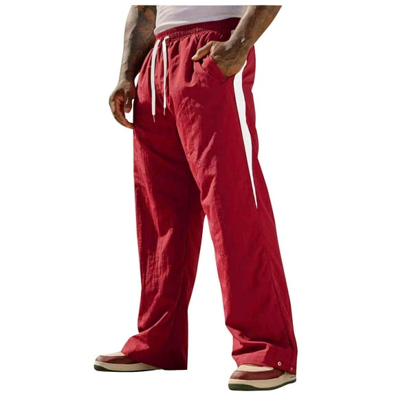 Mens Sweatpants with Pockets Lightweight Cotton Linen Wide Leg Pants Drawstring Elastic Waist Colorblock Casual Pant (XL, Red)