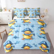 jejeloiu Funny Duck 7-Piece Twin Bedding Sets,Navigation Theme Bedding Comforter Set,Blue Fish Stars Sheet Sets For Boys Teens,Ultra Soft Home Decor Reversible