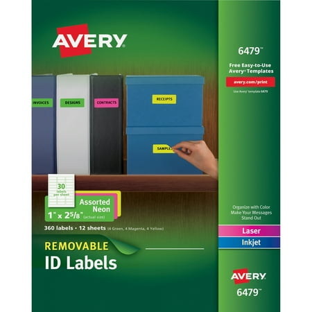 Removable Id Labels - Avery High-Visibility Removable ID Labels, Laser/Inkjet, 1 x 2 5/8, Asst. Neon, 360/PK