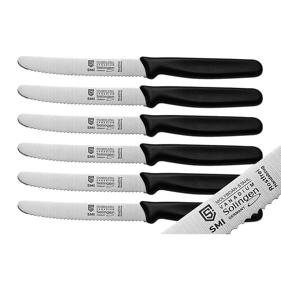 SMI 4.3-Inch German Solingen 6 Pcs Tomato Knife Set Serrated Blade Utility Knives Kitchen Knife - Black