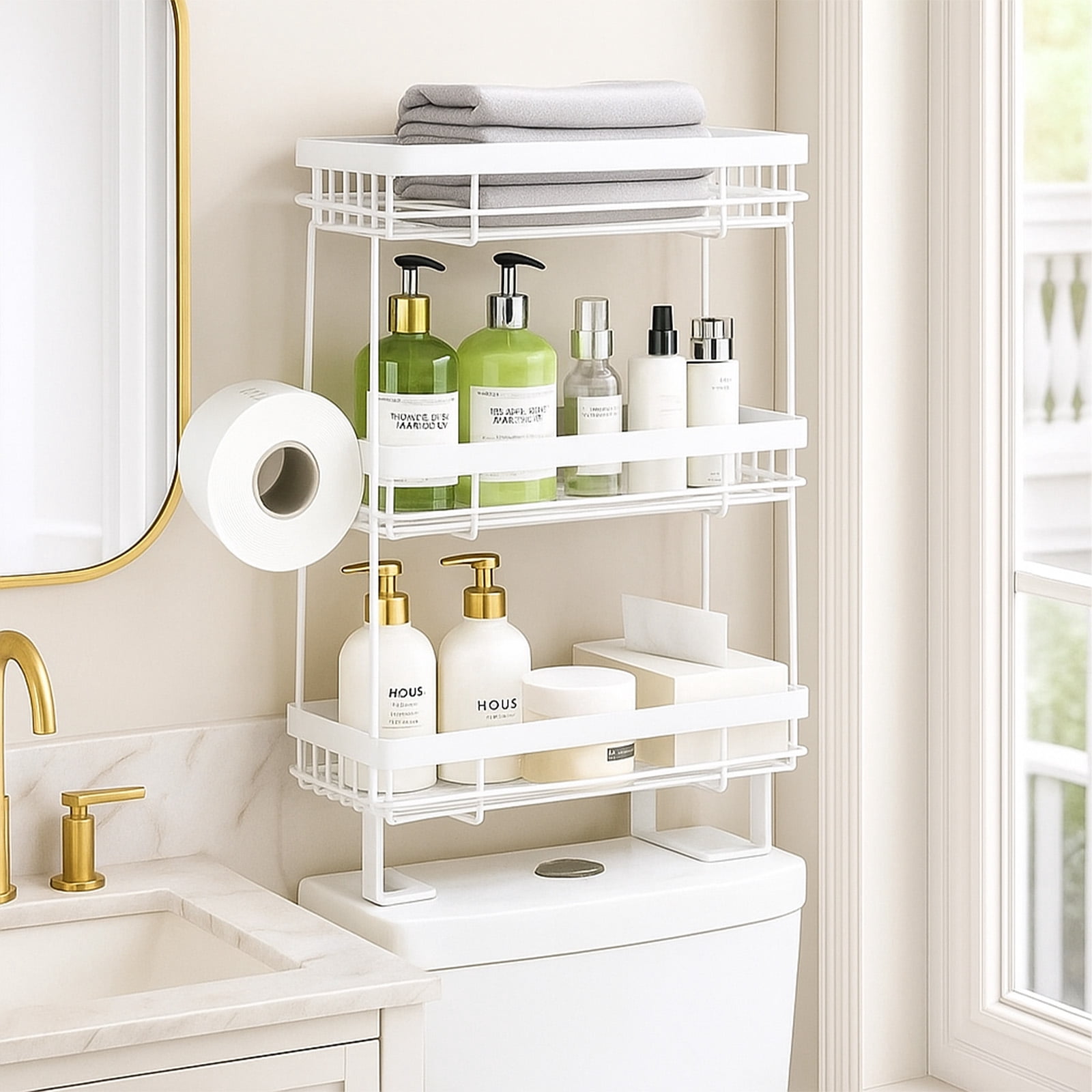YOYTOO Over the Toilet Storage Shelf, 3 Tier Freestanding Bathroom Caddy Organizer Behind Toilet Stand Shelves Towel Rack with Toilet Paper Roll Holder, White