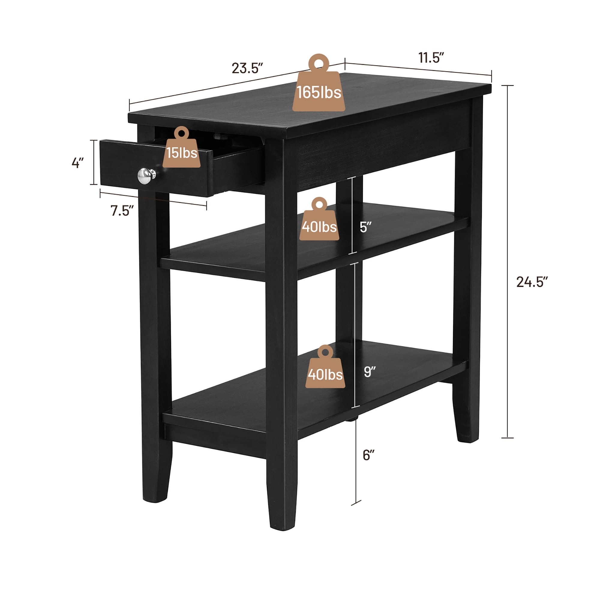 Costway 3-Tier Side End Table with Drawer Double Shelf Narrow Nightstand Black