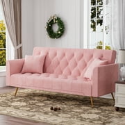 Ouyessir Velvet Futon Sofa Bed with 2 Pillows, Variable Bed Sofa Multifunctional Folding Sofa, 3 Position Adjustable Backrest Convertible Sleeper Sofa Couch for Living Room(Pink)