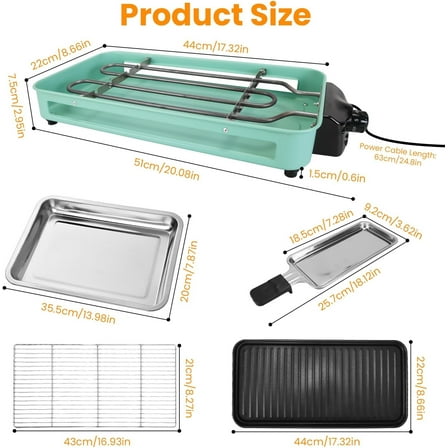 1500W Electric Indoor Grill, 2 in 1 Portable Smokeless Raclette Table Grill for Kitchen with Non-Stick Plate and 5 Temperature Control