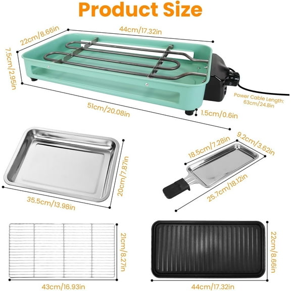 1500W Electric Indoor Grill, 2 in 1 Portable Smokeless Raclette Table Grill for Kitchen with Non-Stick Plate and 5 Temperature Control