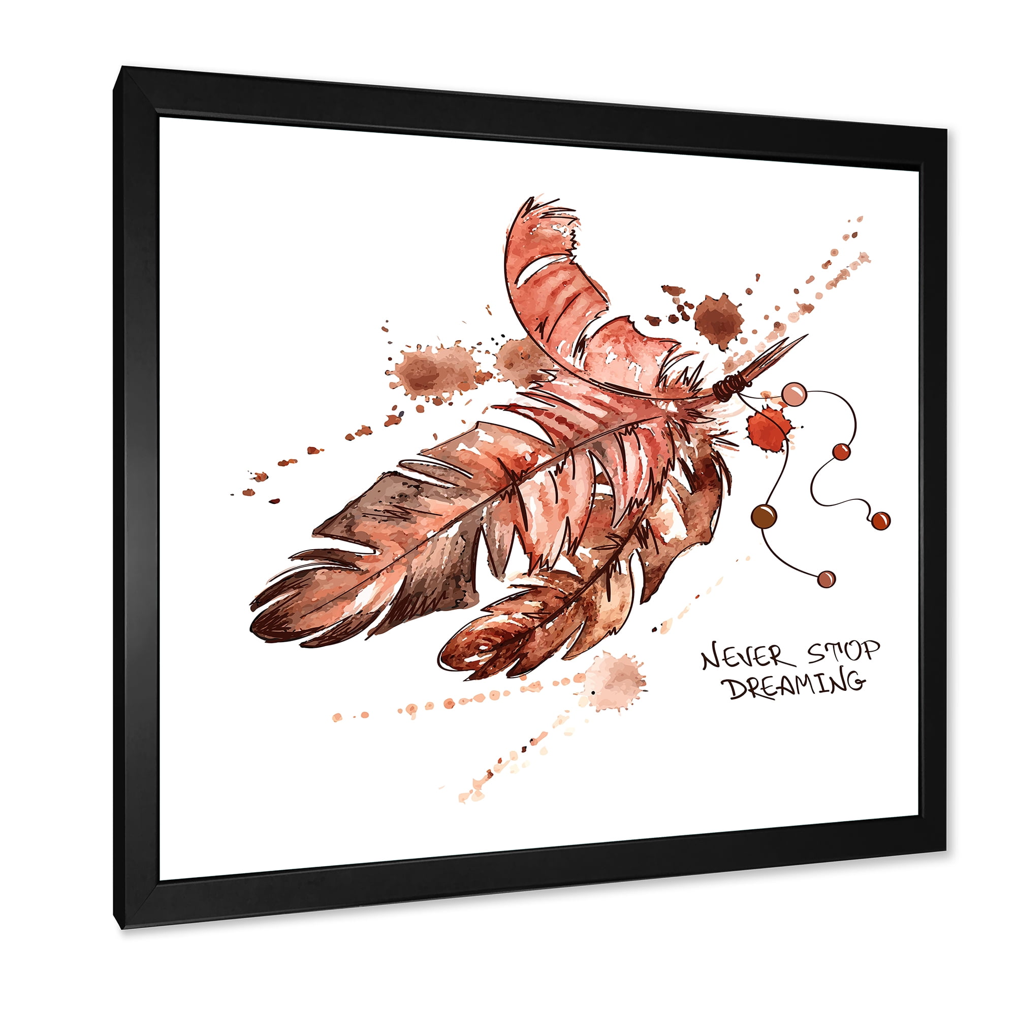Designart 'Bird Feathers In Earth Tones Never Stop Dreaming' Bohemian & Eclectic Framed Art Print