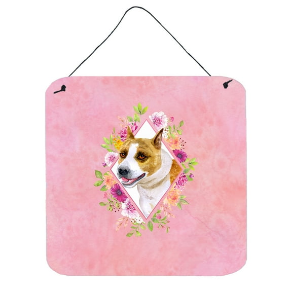 Carolines Treasures CK4114DS66 Bull Terrier Pink Flowers Wall or Door Hanging Prints 6x6 multicolor
