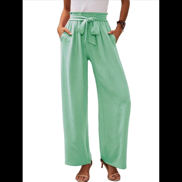 Pantalones de Salón Anchos para Mujer con Bolsillos, Cintura Alta, Ajustables, con Nudo y Holgados. Verde M
