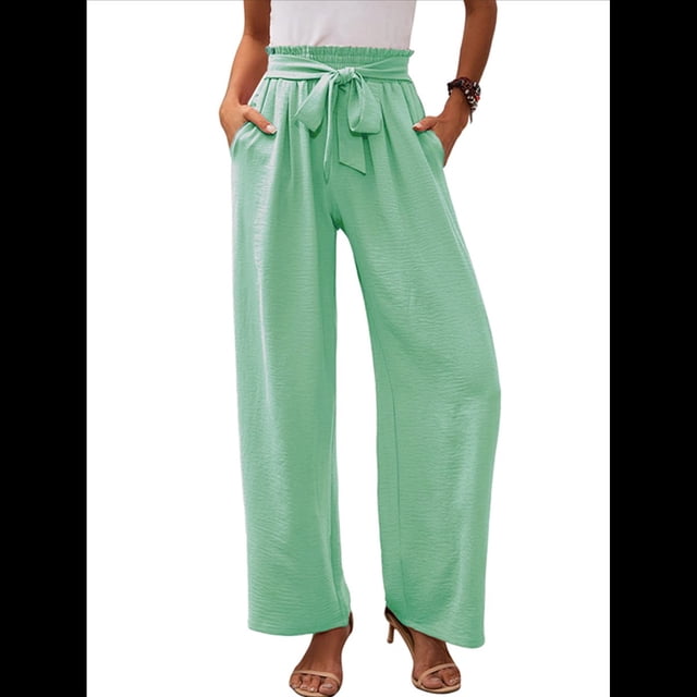 Pantalones de Salón Anchos para Mujer con Bolsillos, Cintura Alta, Ajustables, con Nudo y Holgados. Verde XXL