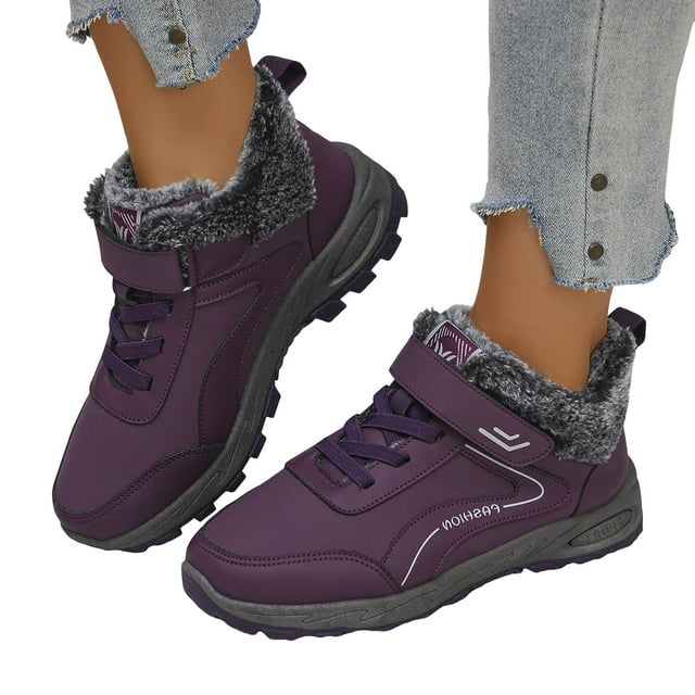 Bottes de Randonnée d'Hiver pour Femmes avec Doublure en Molleton, Imperméables, Antidérapantes, à Lacets, Espadrilles d'Extérieur, Randonnée, Travail, Neige, Bottillons à la Cheville, Violet Foncé, Taille 7