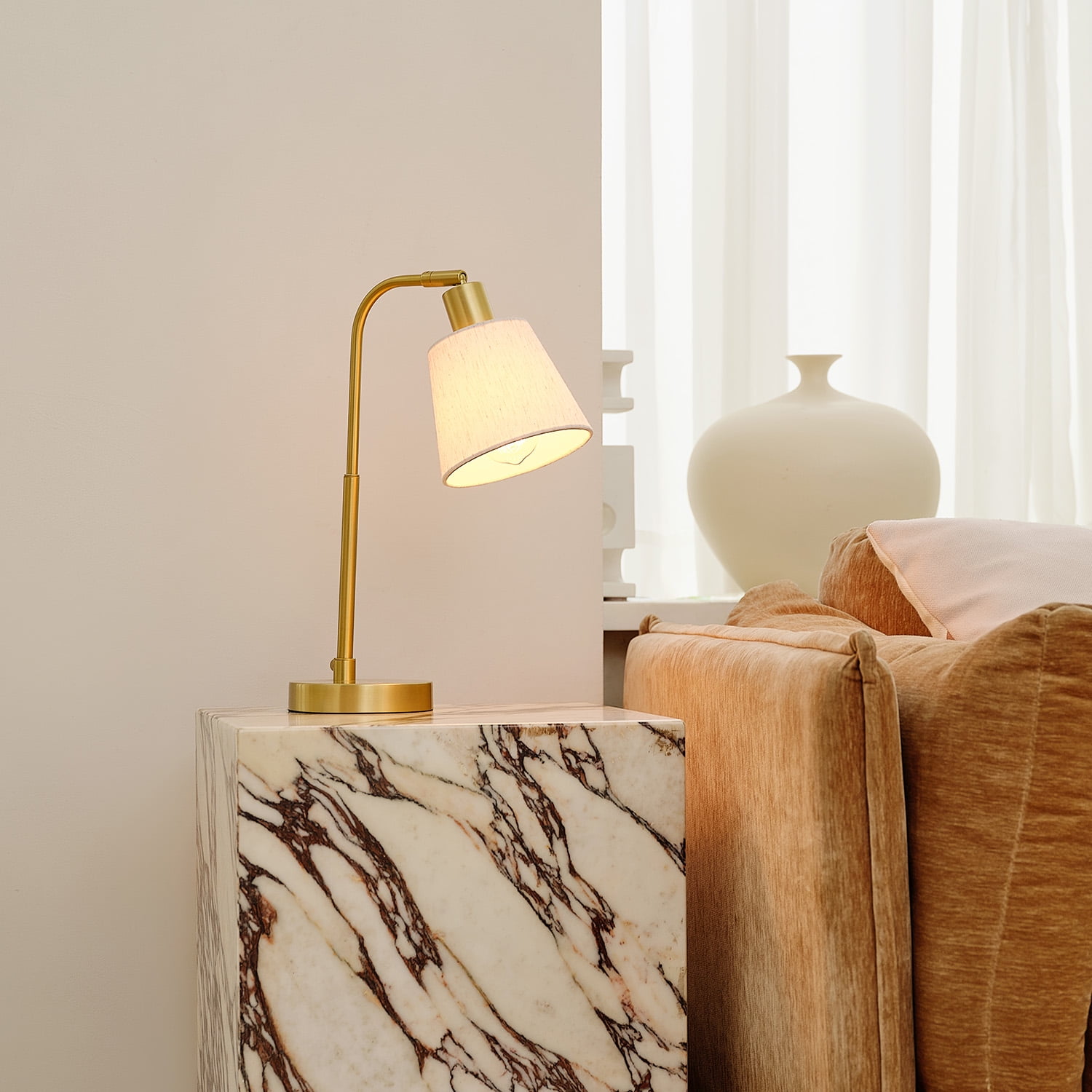 Globe Electric 16" Matte Brass Desk Lamp with White Linen Shade, Modern Style, 91006814