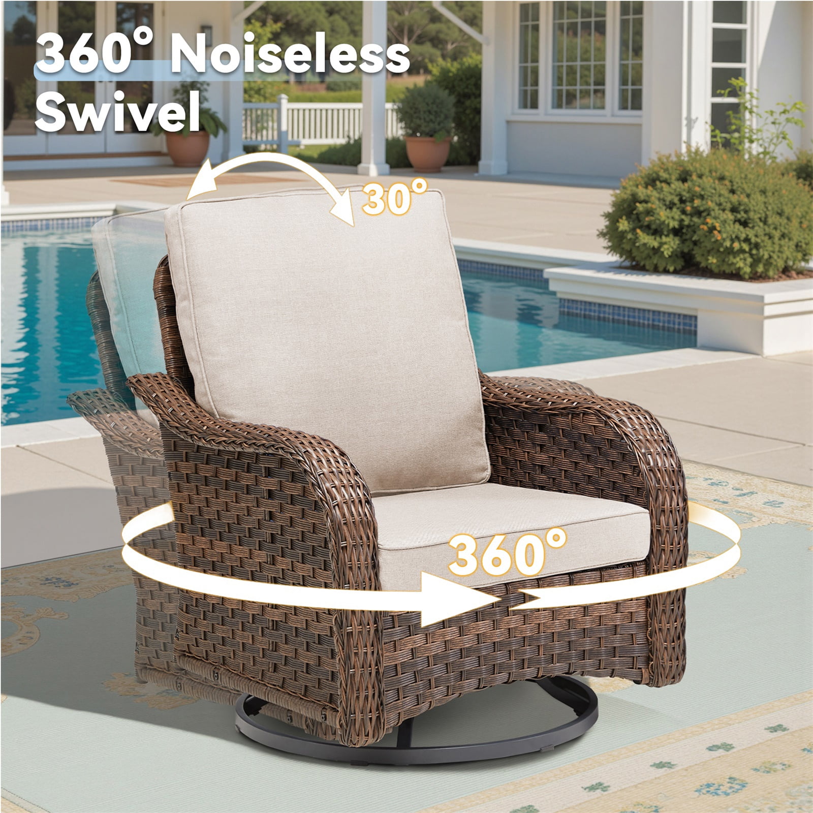 Hommoo 3-Piece Outdoor Furniture Set, Outdoor Swivel Gliders Rocker, Wicker Patio Bistro Set with Side Tablerd for Porch Deck Backyard, Beige
