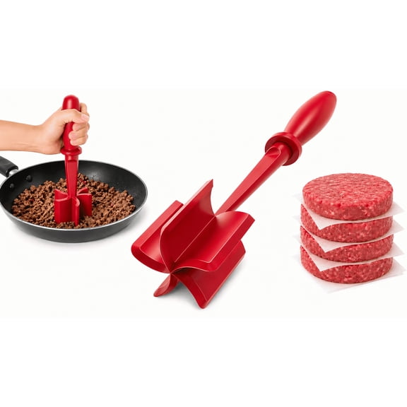 Meat Chopper for Ground Beef, 5-Blade Nylon Hamburger Chopper and Meat Masher, Heat Resistant Mix and Chop Tool, Potato Masher, Dishwasher Safe, Red