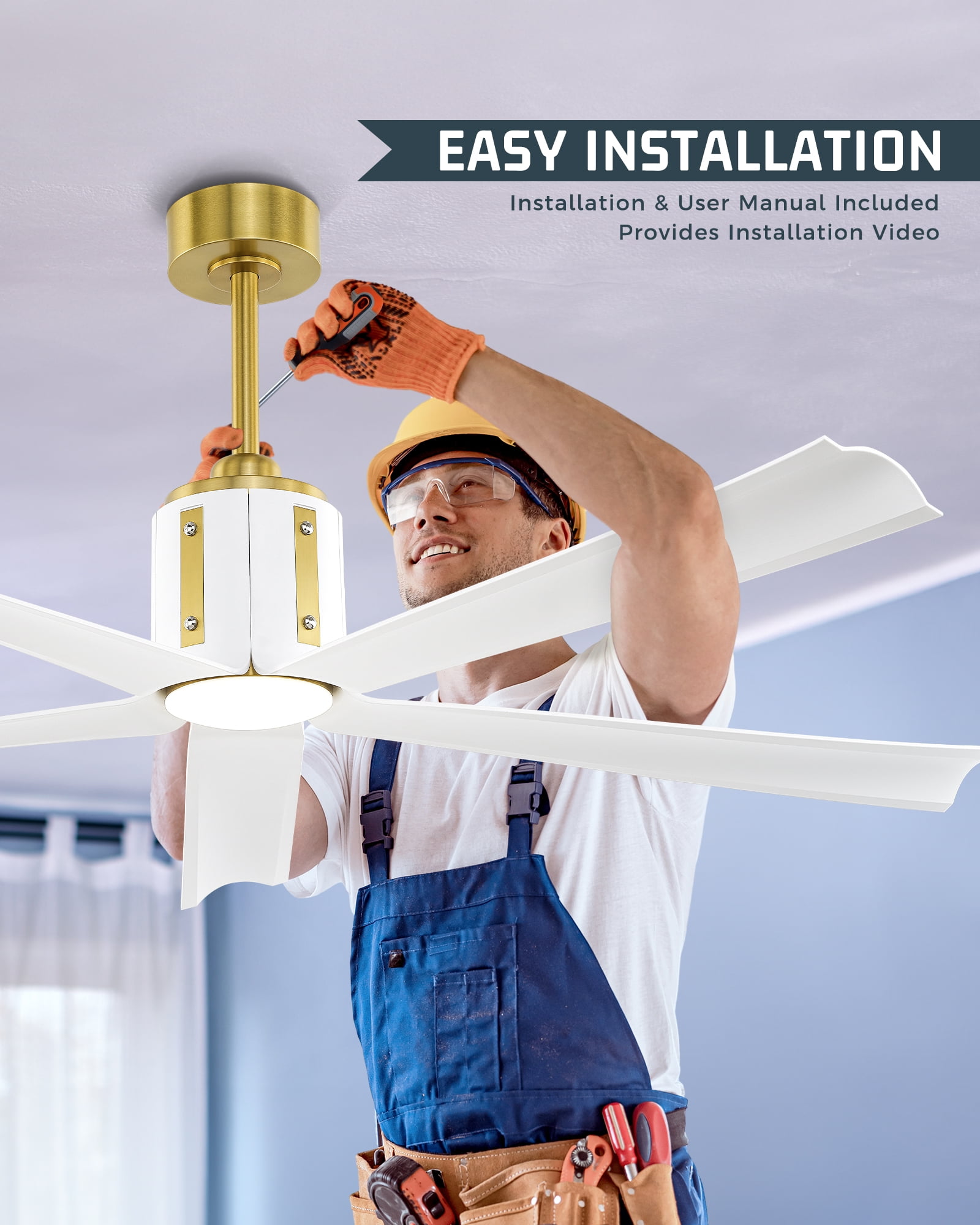 Ltmate 60" Smart Ceiling Fan with Light: Gold & White,Quiet DC Motor