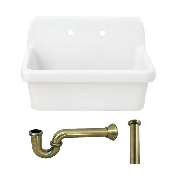 Kingston Brass KGPKWS3019183 Doriteal 30-Inch Ceramic Single Bowl Wall Mount Kitchen Sink with Strainer in White/Antique Brass